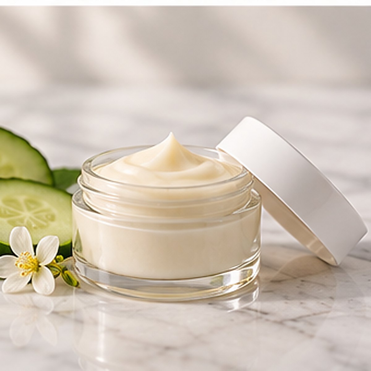 Brightening Vitamin C Eye Balm texture on a white marble countertop with natural ingredients