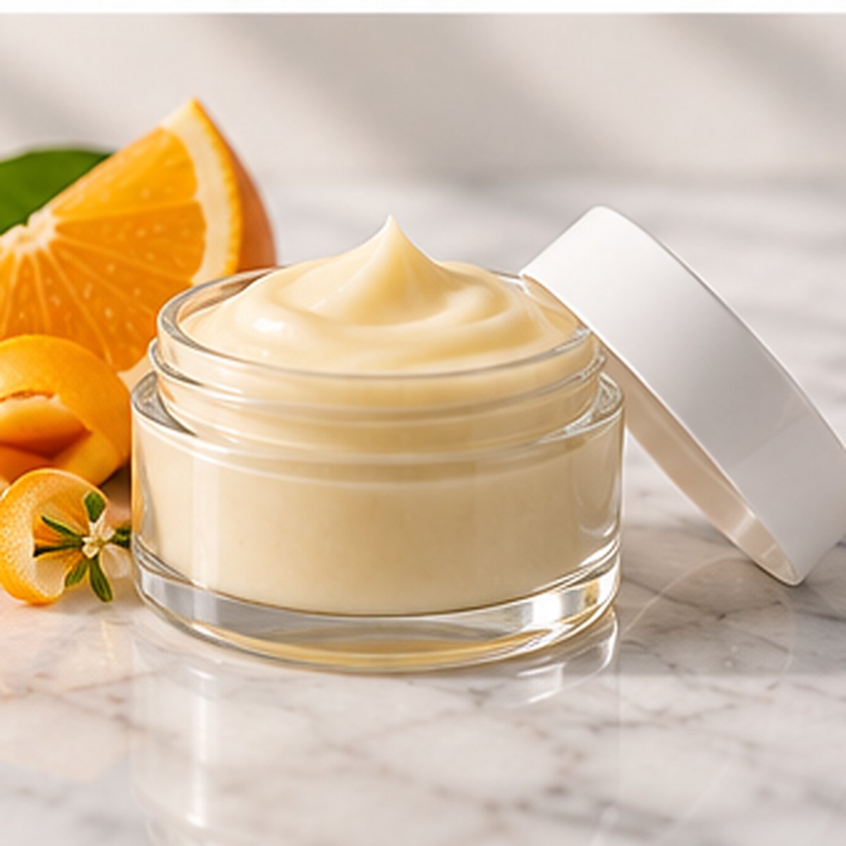 Vitamin C Radiance Face Balm texture on a white marble countertop with natural ingredients