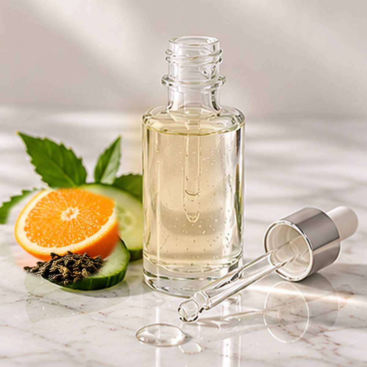 Vitamin C + Ferulic Glow Serum texture on a white marble countertop with natural ingredients