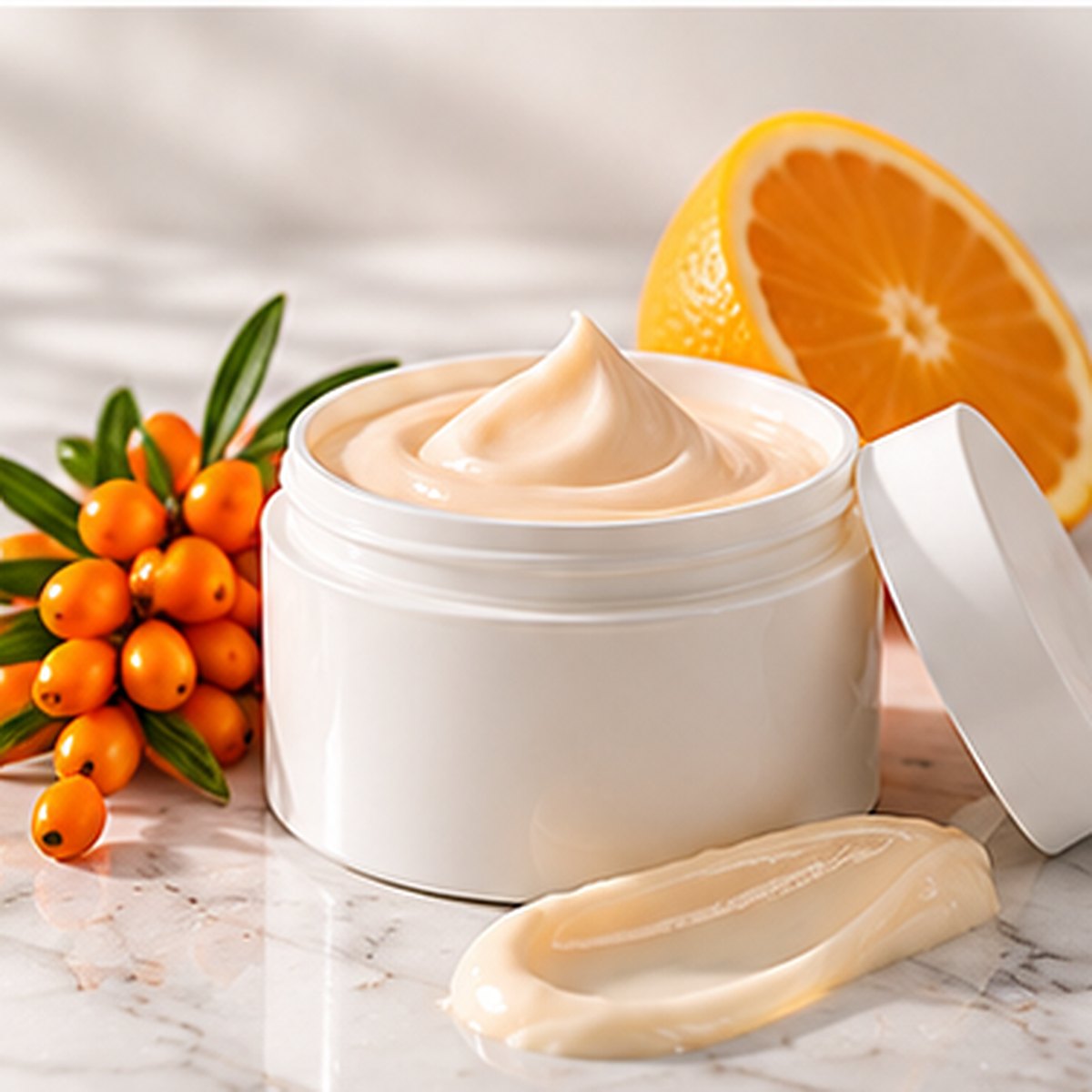 Vitamin C + Sea Buckthorn Brightening Cream texture on a white marble countertop with natural ingredients